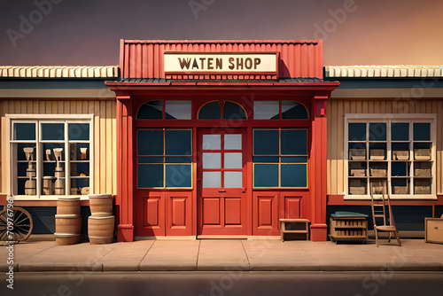 3d animation cartoon style  wild west  saloon and geneeral store facade  in the american farwest photo