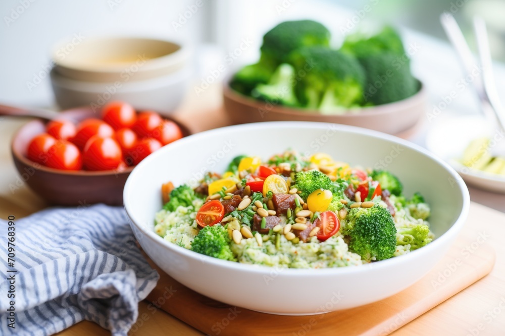 vegan broccoli rice salad with cherry tomatoes
