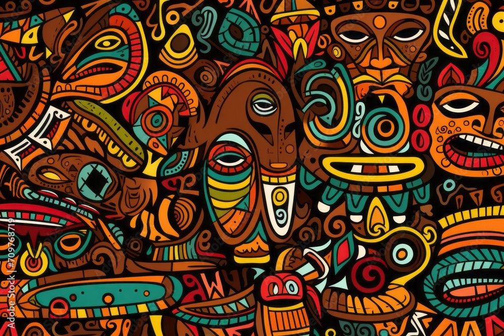 Cartoon cute doodles showcasing traditional African tribal patterns and symbols, forming a harmonious and detailed seamless backdrop, Generative AI 