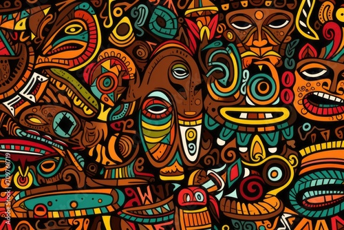 Cartoon cute doodles showcasing traditional African tribal patterns and symbols  forming a harmonious and detailed seamless backdrop  Generative AI 