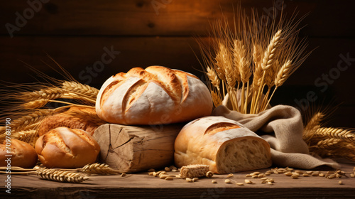 fresh bread and wheat on the wooden