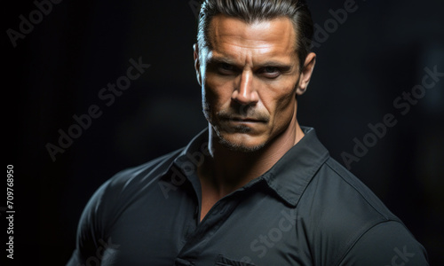 Mature, muscular man in black shirt with concentrated expression looking into the camera, in front of dark background