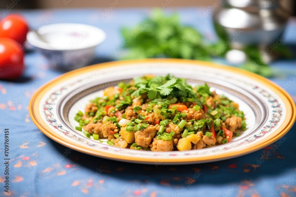 chana masala with parsley, side view on a colorful plate chana masala with parsley, side view on a colorful plate