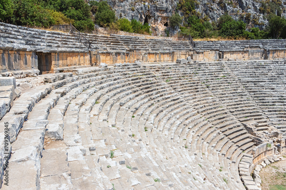 Spectators sits at Theatre of Myra Ancient City in Demre, Antalya City, Turkiye.