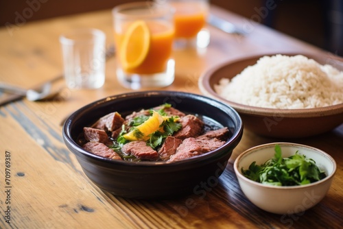 bowl of feijoada with rice and orange slices on a wooden table