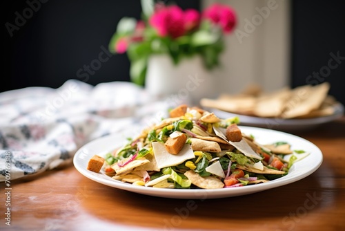 fattoush placed beside a stack of pita bread on a cloth