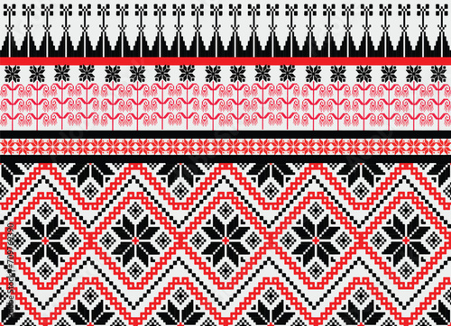  Ikat fabric pattern red black striped pixel Abstract Aztec symbol illustration geometric shape vector pattern Ethic nature native tribal work background backdrop wallpaper print textile clothing 