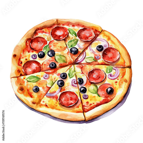 Pizza Aquarell Kunst Bild Italienische Küche Tomate Mozzarella Handgemalt Essen Illustration Basilikum Oliven Küchenwandkunst Leinwanddruck Pizzeria Dekor Geschenkidee photo