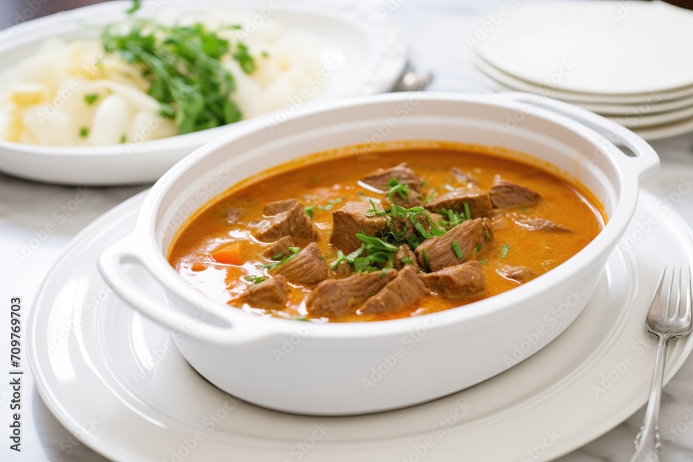 family-size serving of goulash soup in a large white dish family-size serving of goulash soup in a large white dish