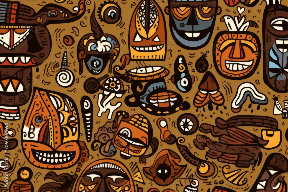 Cartoon cute doodles featuring African tribal art elements, intricately arranged to create a culturally inspired and seamless pattern, Generative AI