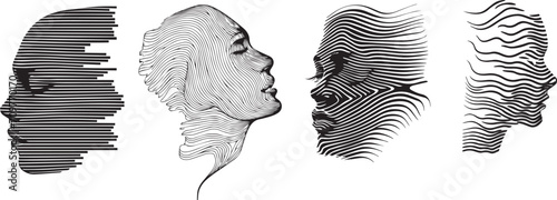 Set Women's faces from the lines. Vector illustration