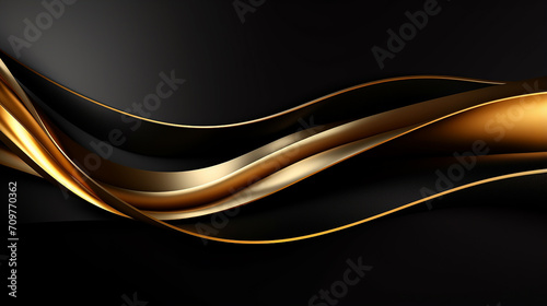 elegant abstract style 3d golden horizontal stripes with decoration gold ribbon on black background photo