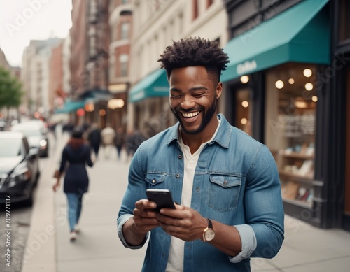 Cheerful African-American man in casual attire laughs while reading a message on his smartphone, capturing a candid moment on a city street with vibrant storefronts in the background