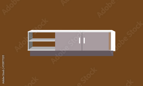 illustration of a modern minimalist white TV sideboard with a stylish brown interior