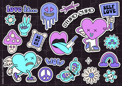 Anti valentines day concept. Sticker pack of retro cartoon heart characters and elements. Big set of comic stickers in psychedelic weird groovy style. Trendy neon 2000s style. Vector illustration.