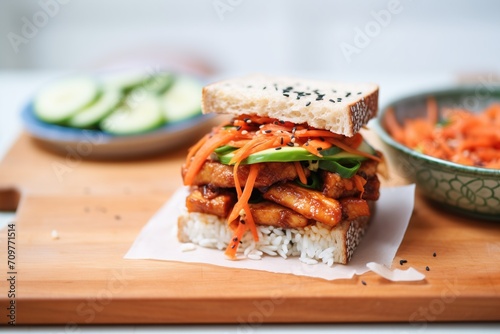 korean bbq tempeh sandwich with kimchi and sesame seeds