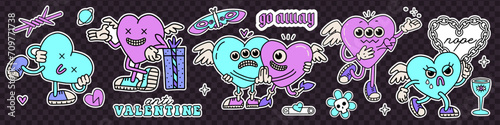 Neon y2k anti valentines day stickers set with retro cartoon cupid characters. 2000s anti love conception. Trendy Vector hand drawn illustration photo