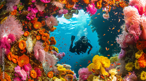 Diver amidst a colorful array of soft corals and sea anemones.