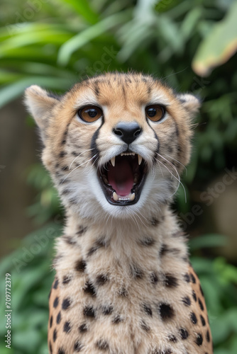 Expressive face of a young cheetah  its mouth open in awe or surprise  showcasing its intricate fur pattern and intense eyes against a backdrop of lush greenery.