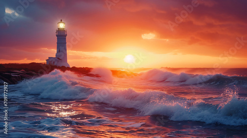 Coastal sunset landscape featuring a lighthouse with crashing waves.