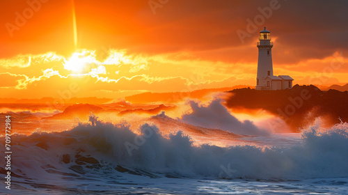 Coastal sunset landscape featuring a lighthouse with crashing waves.