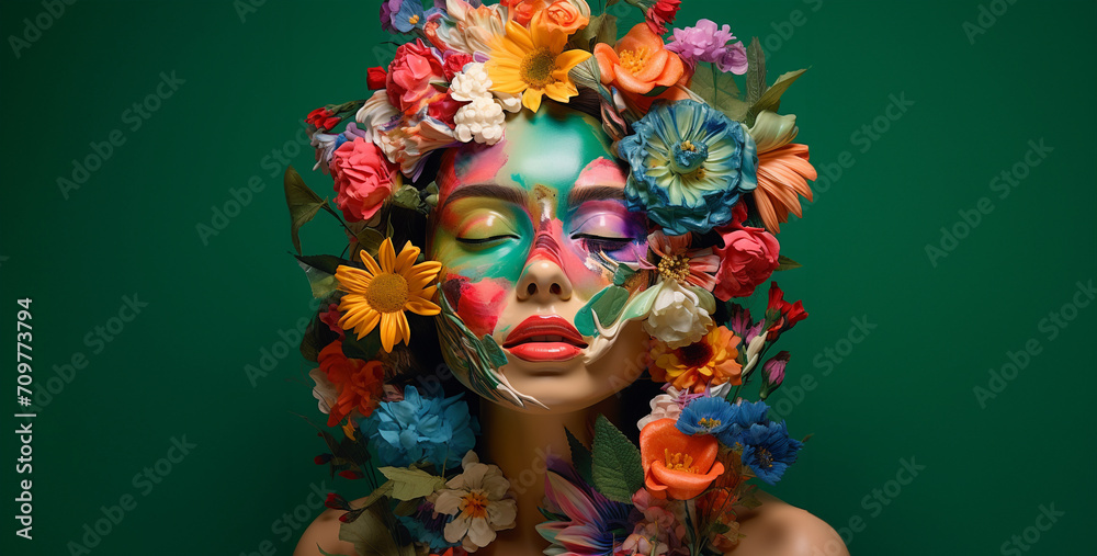 person with a wreath of flowers, Colourful flowers coming out from a girl face
