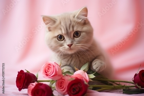 Valentine's Day Concept with Adorable Cat Holding Roses