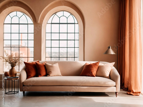 Loft home interior design of modern living room. beige sofa with terra cotta pillows against arched window near stucco wall with copy space © Oldboy