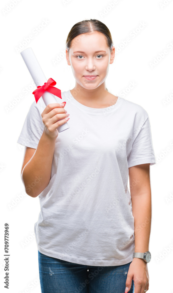 Young caucasian woman holding degree over isolated background with a confident expression on smart face thinking serious Young caucasian woman holding degree over isolated background with a confident expression on smart face thinking serious
