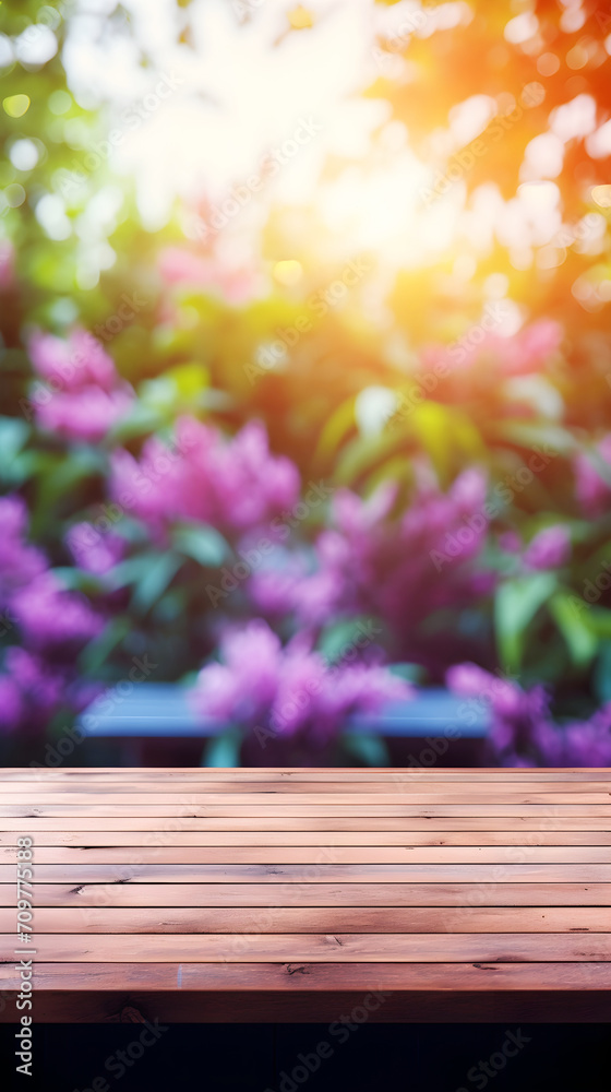 Empty wooden table mockup with defocused blooming purple flowers, green plants and evening glow in background, summer vacation and travel concept