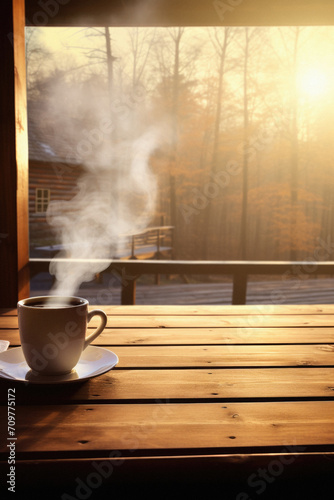 Cup of coffee on a wooden terrace in the autumn forest