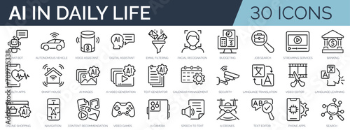 Set of 30 outline icons related to Artificial intelligence in daily life. Linear icon collection. Editable stroke. Vector illustration