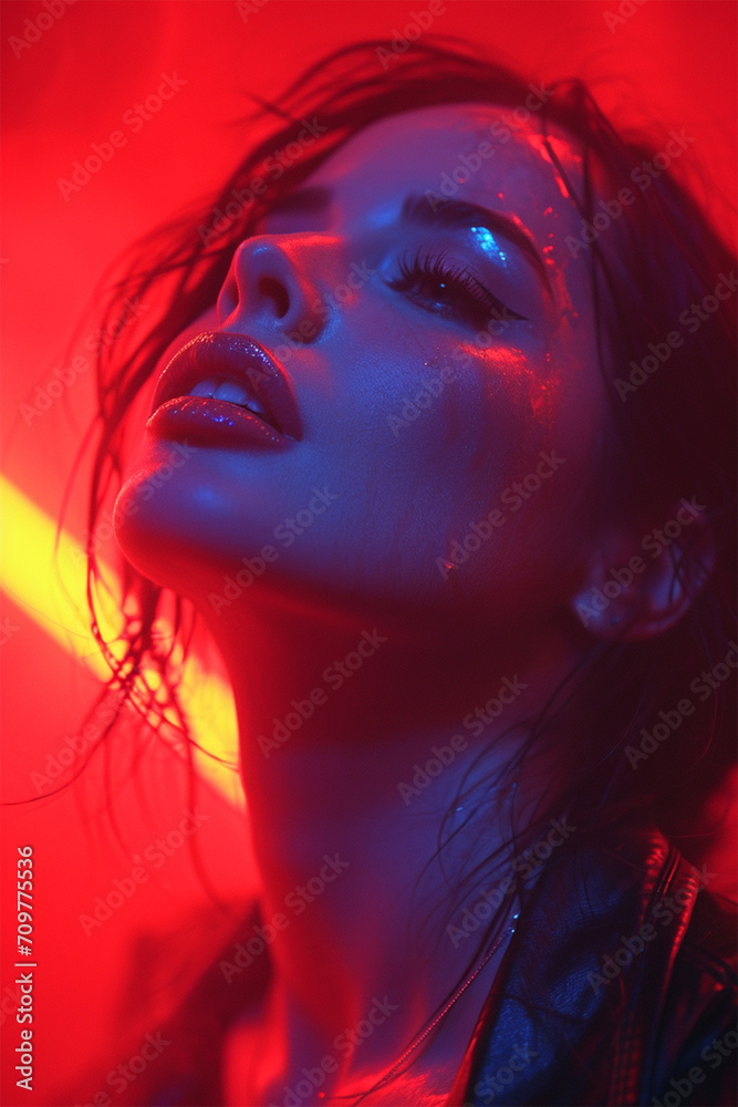 portrait of a beautiful model in the light of neon lamps