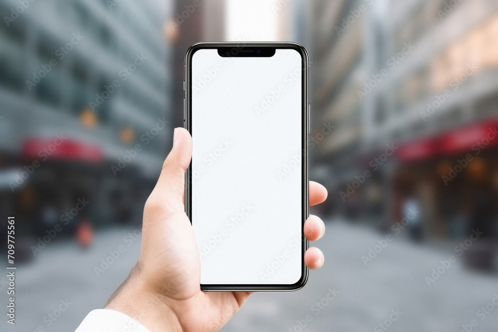 Mockup of a hand holding a smartphone with blank white screen over blurred city background