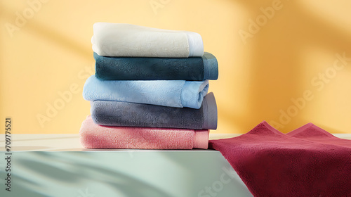 Product photography, towel photography, four towels on the booth, different colors, high saturation, strong color contrast, Japanese style, warm and bright image.