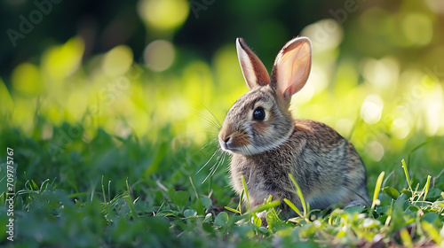 A cute cottontail rabbit, with its fluffy white tail and brown fur, is nibbling on fresh green grass in a peaceful meadow, Backlighting, Surrealism. © LiezDesign