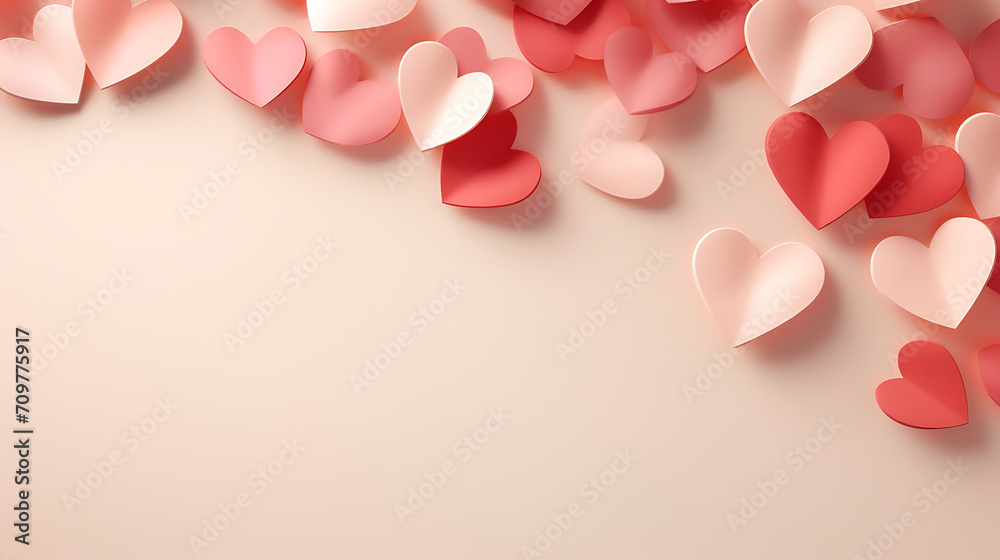 Love (Valentine's day) background or wedding background. Pink and red paper hearts on a soft beige pastel background. Love concept. Generative AI illustration 