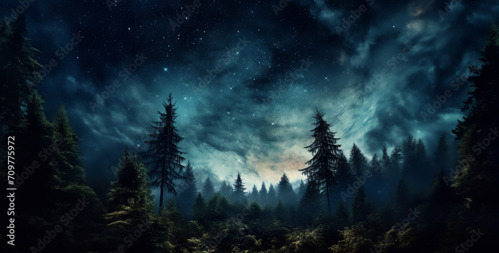 forest in the night, landscape with clouds and moon, landscape with clouds
