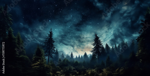 forest in the night, landscape with clouds and moon, landscape with clouds