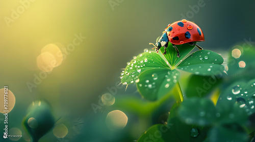 A ladybug crawls on a four-leaf clover, dew photo