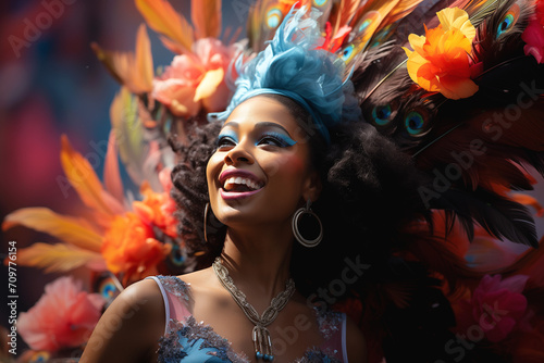 Brazilian Carnival Samba Ballerina Dressed with Colored Feathers, Enchanting the Parade with an Brasilian Opulent Peacock Tail