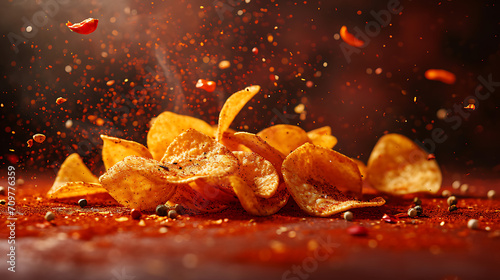Commercial food photography; crispy and crunchy chips surrounded by spices flying in the air against a plain red background, studio light