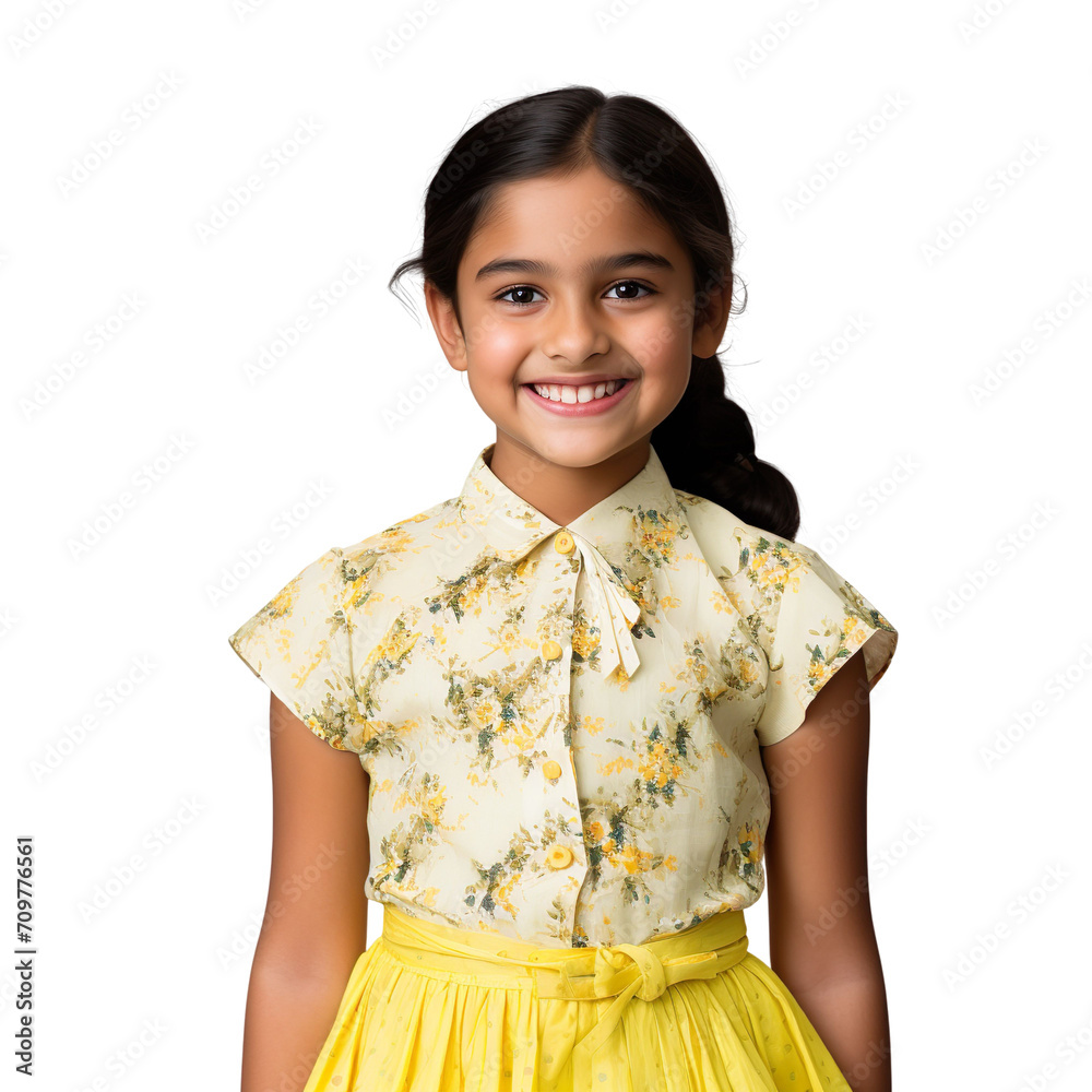 Front view mid shot of an Indian 10-year-old girl wearing a pastel yellow skirt and a floral blouse, smiling on a white background Front view mid shot of an Indian 10-year-old girl wearing a pastel yellow skirt and a floral blouse, smiling on a white background