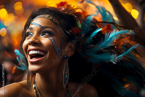Carnival Woman in Brazil, Beautiful Woman in Colorful Costume Radiating Joy for Her Cultural Traditions with Feathers and Make up