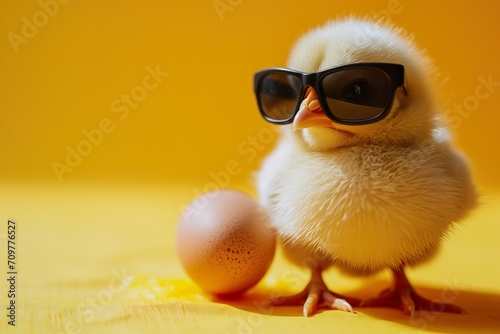 cute little chicken in sunglasses with one egg on a yellow background