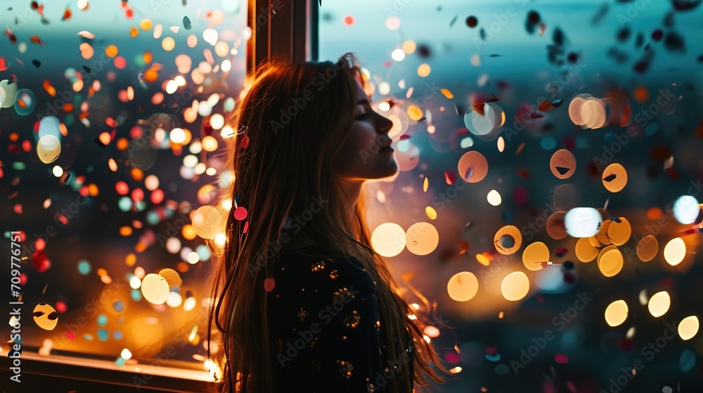 A blurry cityscape may be seen in the backdrop as a woman stands at a window. A blurry cityscape may be seen in the backdrop as a woman stands at a window.