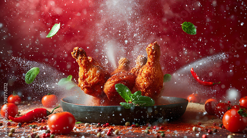 Commercial food photography; crispy and crunchy fried chicken surrounded by spices flying in the air against a plain red background, studio light
