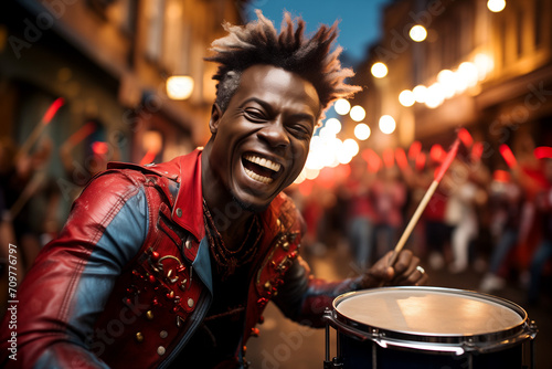 Samba Musician Playing the Carnival Drum Celebrating the Colorful Parade, Creates a Visual and Auditory Feast in Brazil's Carnival, Enjoying the Night with Drums