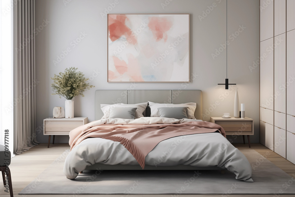 Cama confortável e levemente bagunçada com uma manta rosa em um quarto moderno e claro com um quadro abstrato ao fundo  - obrazy, fototapety, plakaty 