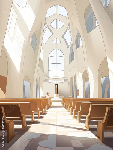 Capela de uma igreja branca com bancos de madeira clara - Ilustração simples clara photo